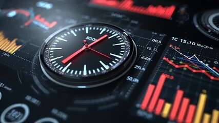 Close-up of a sleek clock against a backdrop of colorful financial graphs and data analytics - Powered by Adobe