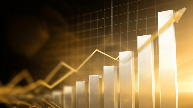 Golden 3D bar chart rising upward, symbolizing business growth, financial success, economic expansion, positive results, investment performance and corporate achievement - Powered by Adobe