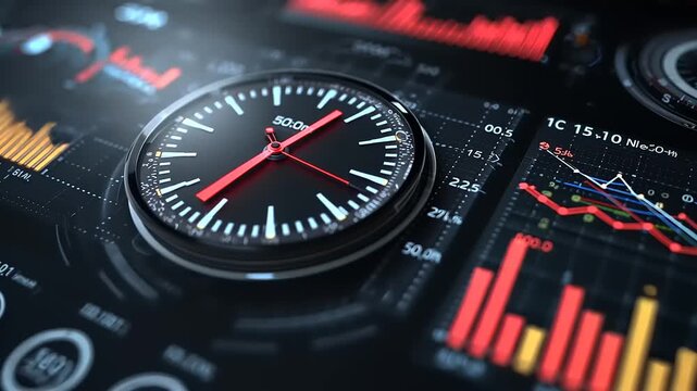 Close-up of a sleek clock against a backdrop of colorful financial graphs and data analytics - Powered by Adobe