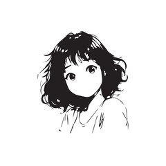 Beautiful Kawaii Girl Black and White Vector Illustration in Cute Simple Line Art Style