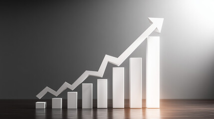 Dynamic 3D growth chart with rising bars and an upward arrow, symbolizing financial success, positive trends, performance improvement and strategic business results in a modern environment