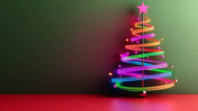 A Christmas tree made of glowing neon strips in pink, blue, green, and purple, set on a flat red surface against an empty background, evoking a festive yet elegant holiday vibe