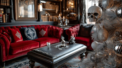 Gothic Christmas Aesthetic: Red Velvet Couch, Dark Library, and Silver Tree with Skull Ornament