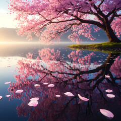 Calm Reflective Lake Under Blooming Branches in Soft Spring Light