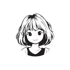 Beautiful Kawaii Girl Black and White Vector Illustration in Cute Simple Line Art Style
