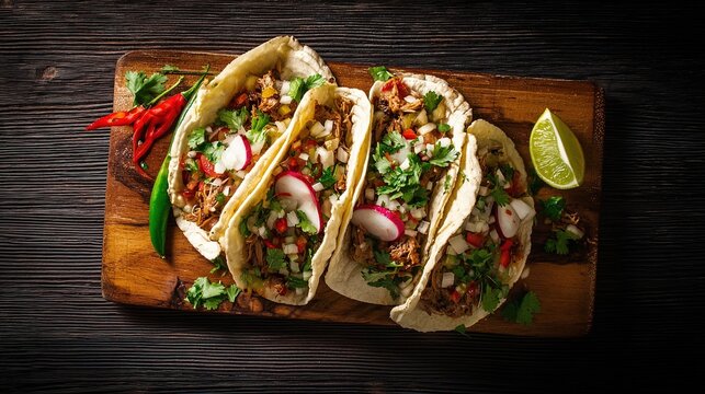 carnitas. Traditional Mexican tacos with pork carnitas and fresh toppings in a flat lay. menu design, packaging mockups, designed for food delivery and cloud-kitchen brand materials.