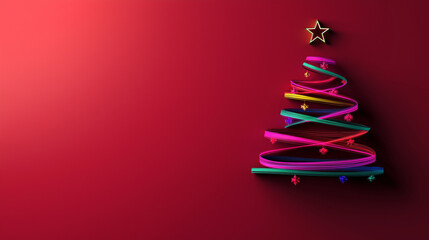 A Christmas tree made of glowing neon strips in pink, blue, green, and purple, set on a flat red surface against an empty background, evoking a festive yet elegant holiday vibe