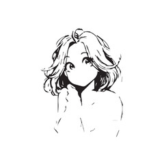 Beautiful Kawaii Girl Black and White Vector Illustration in Cute Simple Line Art Style