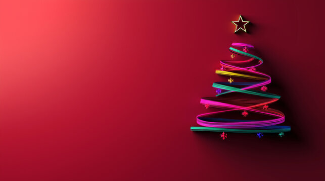 A Christmas tree made of glowing neon strips in pink, blue, green, and purple, set on a flat red surface against an empty background, evoking a festive yet elegant holiday vibe