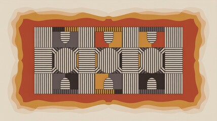 High-Contrast Geometric Kuba Cloth Inspired Pattern in Earth Tones and Black and White