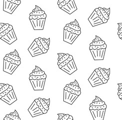 Cupcake seamless pattern. Vector graphic line black and white illustration. Cute cartoon dessert pattern. Sample poster, invitation, holiday banner, postcard.
