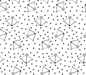 cute cartoon bow and heart arrow Valentine's Day seamless pattern. Vector graphic line black and white illustration. background for banners, print for fabric, labels, t-shirt printing.