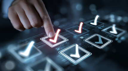 Digital checklist interface with highlighted selections and a hand pressing options, symbolizing workflow efficiency, task validation and modern business process optimization in a corporate