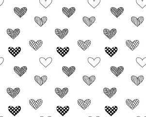 Black hearts Valentine's Day seamless pattern. Vector graphic line black and white illustration. For poster, invitation, backdrop, ad, sale promotion, print for t-shirt