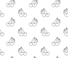 cherries ,Valentine's Day seamless pattern. Vector graphic line black and white illustration. For t-shirt printing, web design, beauty salons, posters, logo creation.