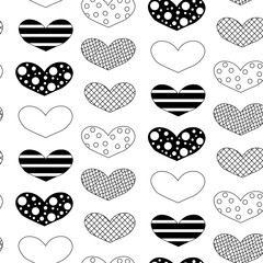 Seamless heart Valentine's Day seamless pattern. Vector graphic line black and white illustration. background for banners, print for fabric, labels, t-shirt printing.