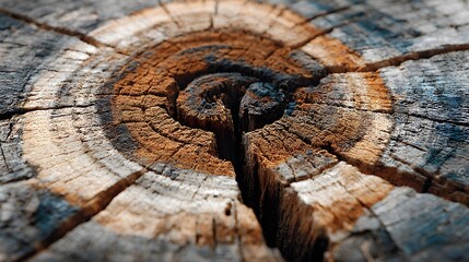 Ultra-detailed macro photograph captures the cross-section of an ancient, weathered tree trunk, revealing its intricate growth rings and deep cracks.