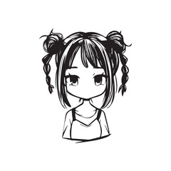 Beautiful Kawaii Girl Black and White Vector Illustration in Cute Simple Line Art Style