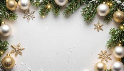 Festive holiday decoration winter wonderland image of christmas ornaments and pine foliage cozy indoor environment close-up view celebratory spirit