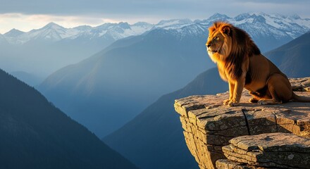 A majestic lion perched atop a rocky cliff, with mountainous terrain in the background