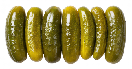 Pickled gherkins arranged neatly, isolated on transparent background, shiny texture, high-resolution product photo