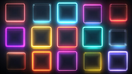Abstract geometric background of glowing neon squares, arranged in a grid pattern. This vibrant and modern design features an array of colorful illuminated frames.