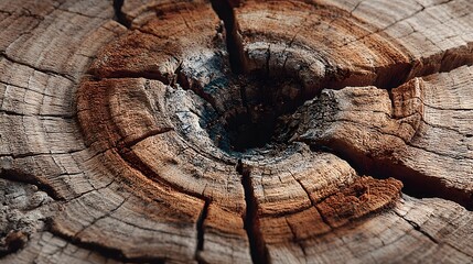 Ultra-detailed macro photograph captures the cross-section of an ancient, weathered tree trunk, revealing its intricate growth rings and deep cracks.