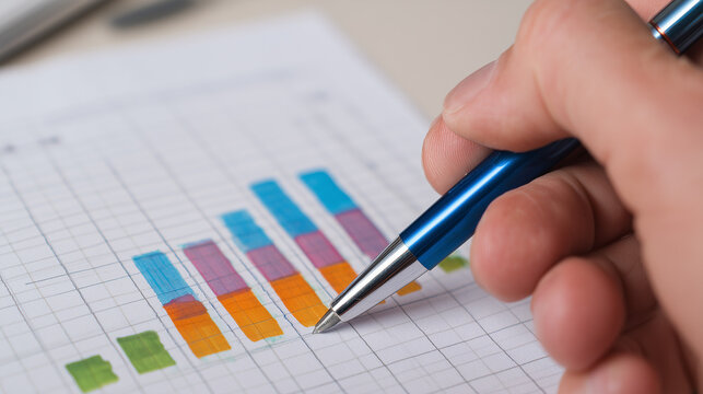Close-up of a hand reviewing bar charts on paper with a pen, symbolizing financial planning, analysis, data review, business strategy, budgeting and performance evaluation