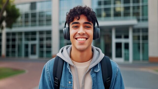 Happy young man wearing headphones, smiling joyfully in front of the building. The image captures a portrait of a college student in a joyful mood