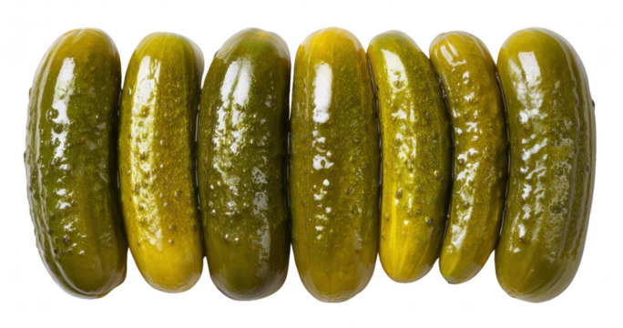 Pickled gherkins arranged neatly, isolated on transparent background, shiny texture, high-resolution product photo