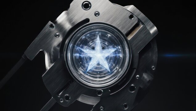 Close-up of a futuristic device with a glowing star inside. - Powered by Adobe