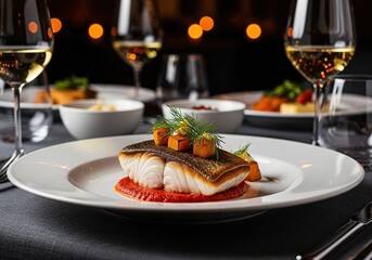 A delicious fish dish presented with wine glasses. The image is taken in a restaurant setting with a dimly lit background, and the focus is on the exquisite cuisine and elegant presentation.