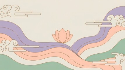 Elegant Pastel Background with Korean Dancheong Motifs, Abstract Waves, and Stylized Lotus Flower