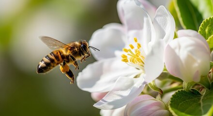 A bee approaching a white flower with pollen on its legs in nature