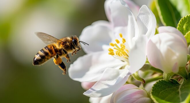 A bee approaching a white flower with pollen on its legs in nature - Powered by Adobe