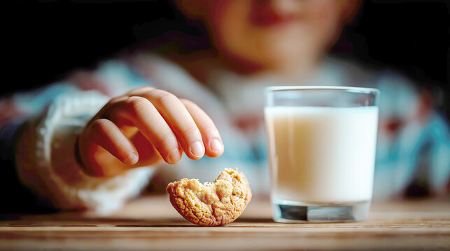 A child's hand reaches for a bitten cookie next to a glass of milk on a dark, rustic wooden table.