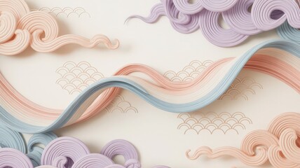 Delicate Ornamental Design in Traditional Korean Dancheong Style with Pastel Waves and Clouds