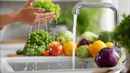 Woman washing lettuce in kitchen sink, cleaning fresh greens for healthy salad preparation with natural ingredients video 4k