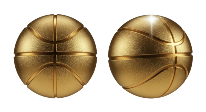 Two golden basketballs, one front view and one angled, isolated on a transparent background, symbolizing achievement