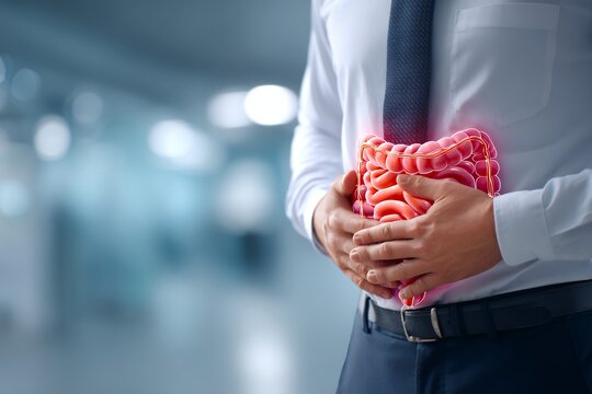 Doctor discusses ulcerative colitis with patient in bright medical office