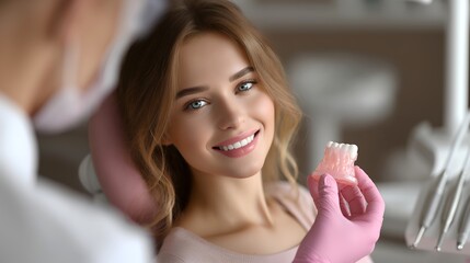 Smiling patient interacts with dentist holding dental model in clinic
