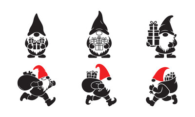 Christmas Gnome Silhouette Vector Set Holding Gifts and Running