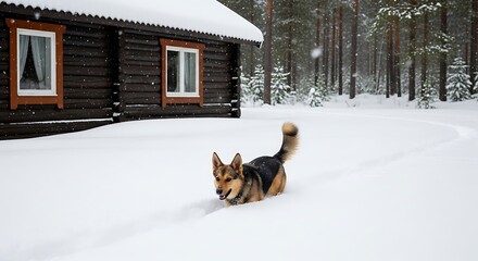 A german shepherd dog enjoys a snowy day playing in the deep snow outside a rustic log cabin