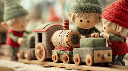 Cute Felt Gnome/Elf Figurines Playing with a Handmade Wooden Toy Train in the Snow