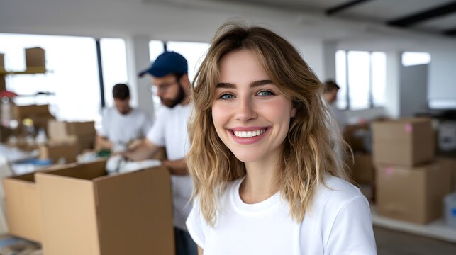 Volunteers packing donations in community center for local charity event