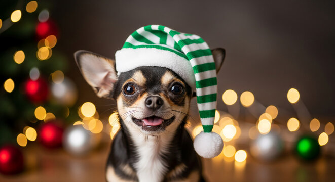 Close-up of a small dog wearing green striped hat with a fuzzy ball, representing holiday cheer, festivity, and warmth, ideal for holiday concepts.