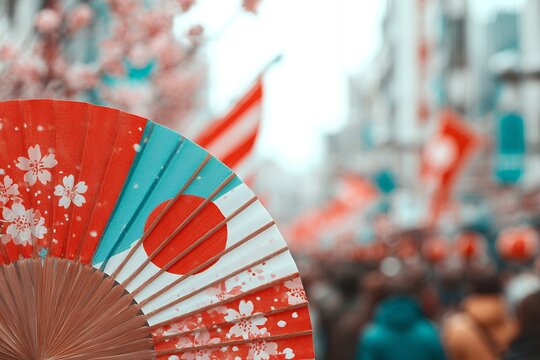 Traditional Japanese fan with cherry blossoms at festival celebration