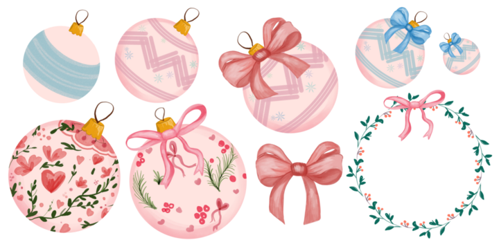 Hand-Drawn Christmas Clipart Set with Baubles, Bows and Wreath on Transparent Background