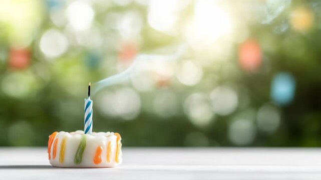 Lit birthday candle with blue and white stripes on small decorated base bright outdoor bokeh background