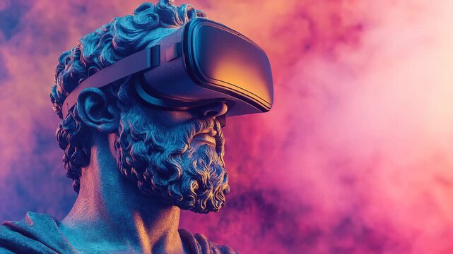 Vibrant statue of ancient philosopher wearing VR headset representing contrast between history and future, blending digital technology, marble art, and imagination into colorful virtual creativity